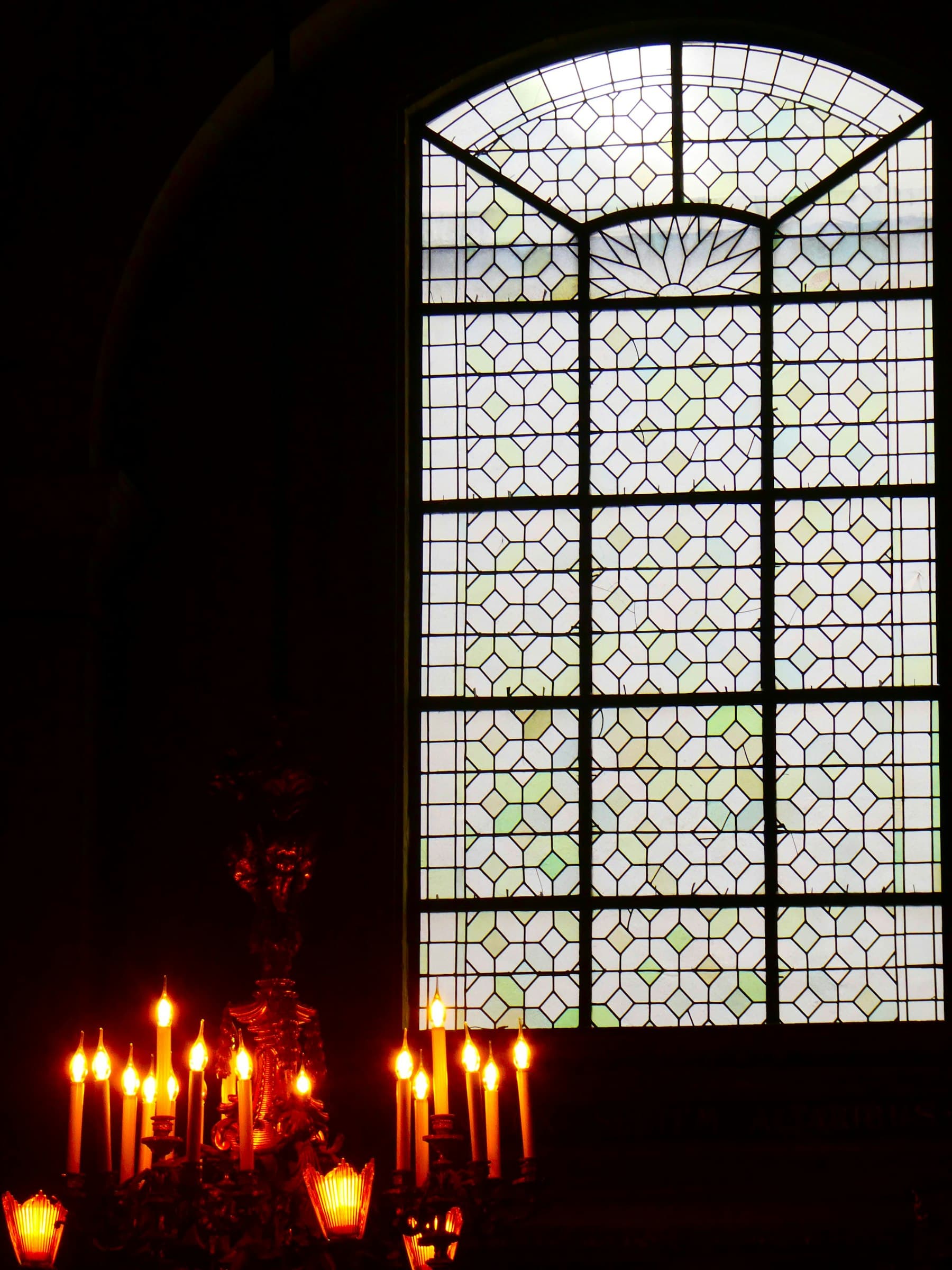 Stained glass windows at dusk